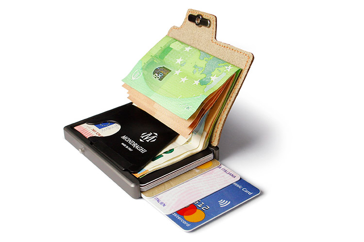 A mini wallet opened and showcased, highlighting all its features