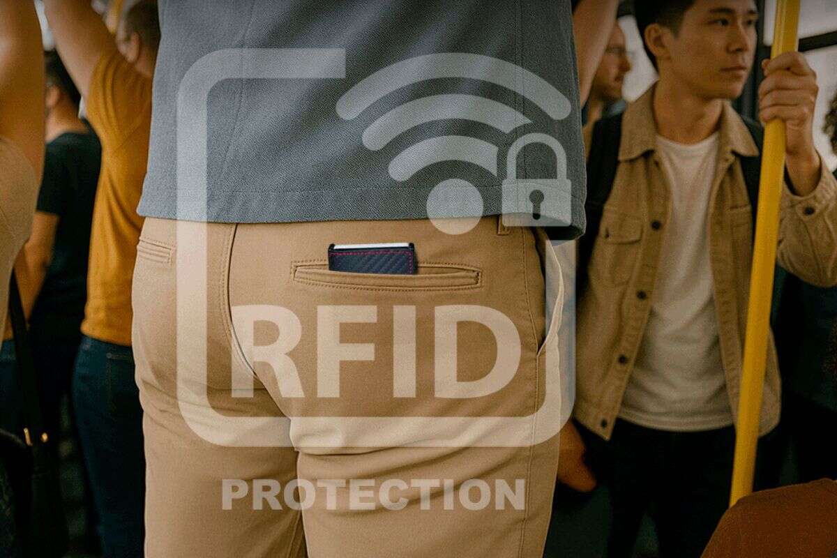 Uomo con portafoglio con protezione rfid